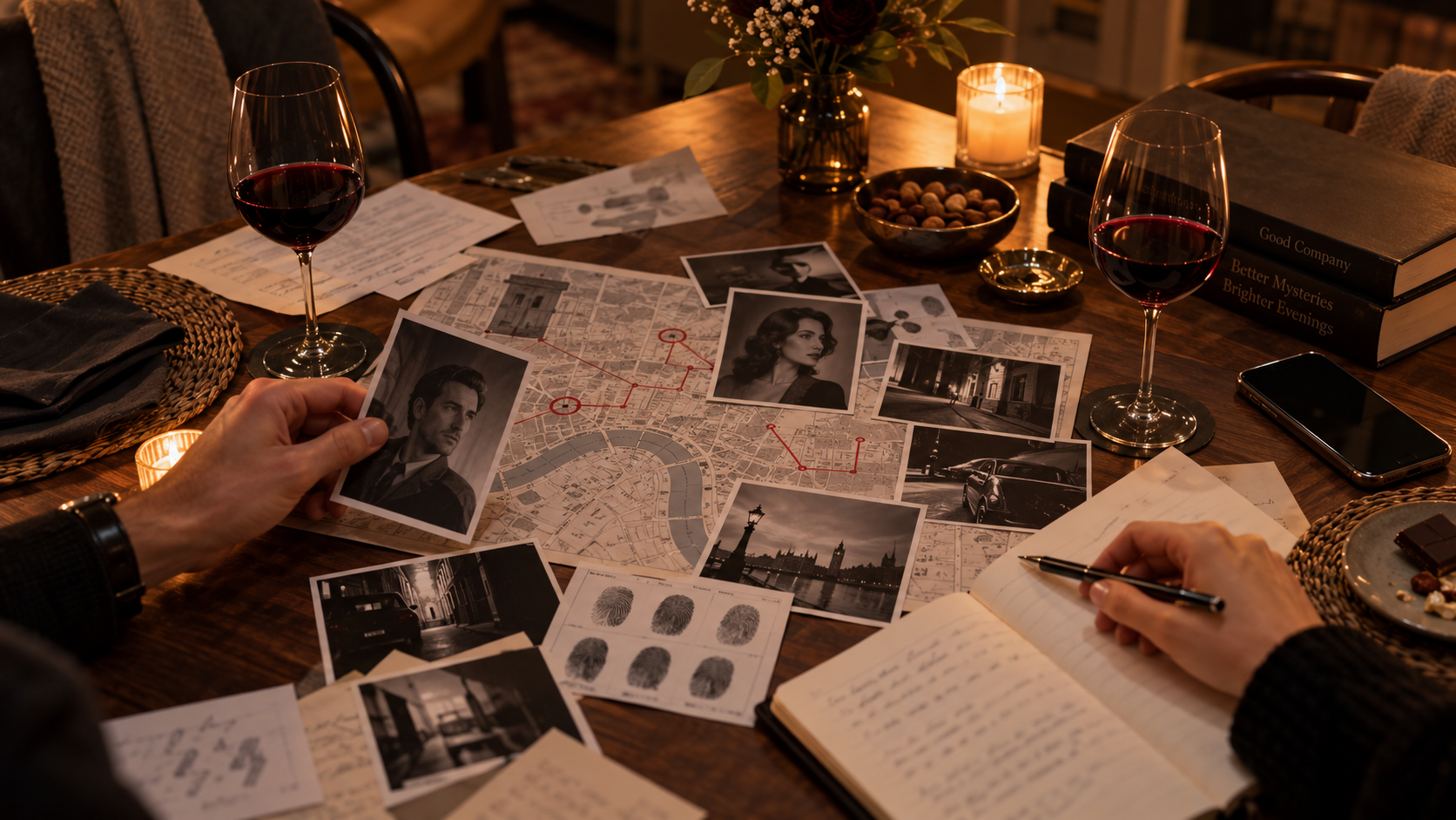 Murder mystery game for couples with evidence, photos, and notes spread across a candlelit table.